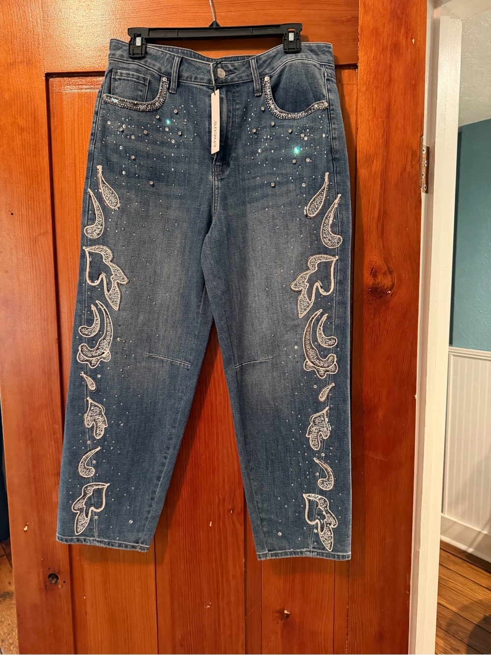 Chico's Blue Denim Jeans with Paisley Embroidery and Rhinestones